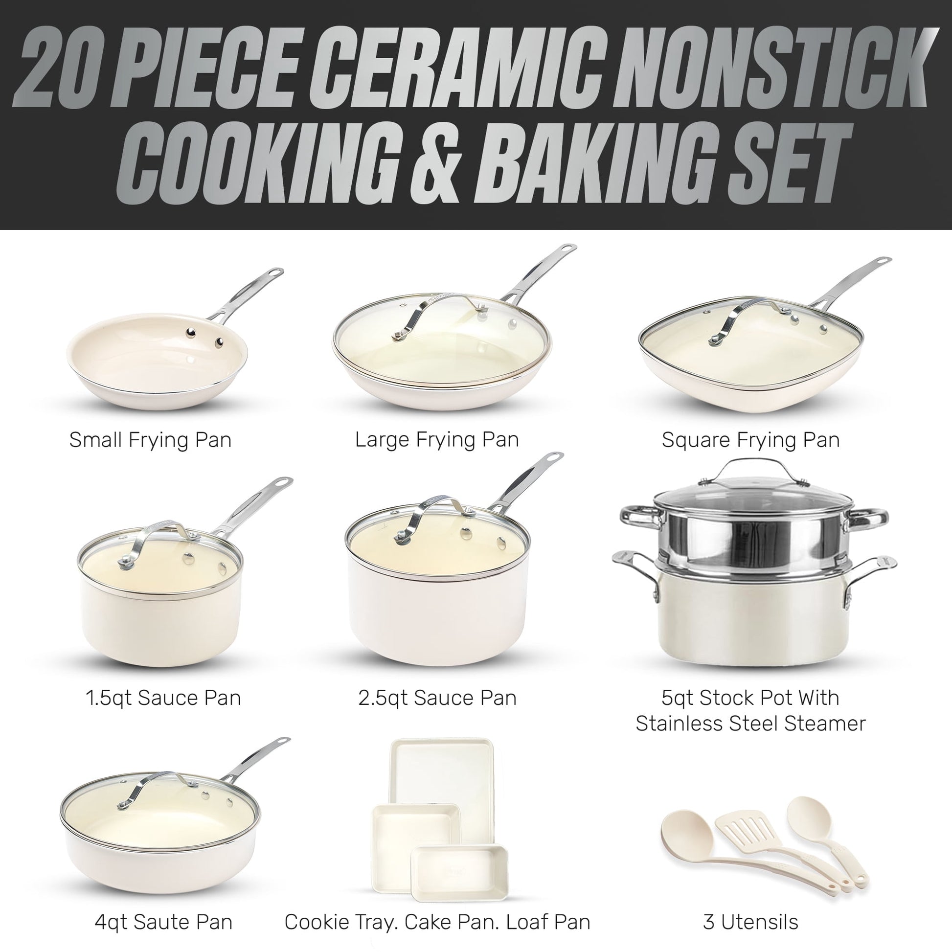 TRUE VALUE 20 Pc Ceramic Pots and Pans Set Non Stick, Ceramic Cookware Set with Bakeware, Pot and Pan Set with Utensils, Non Stick Pots and Pan Set, Oven & Dishwasher Safe, Cream