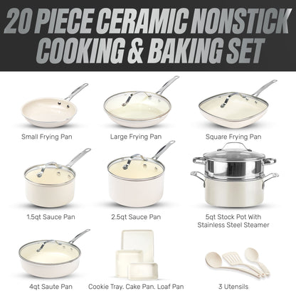 TRUE VALUE 20 Pc Ceramic Pots and Pans Set Non Stick, Ceramic Cookware Set with Bakeware, Pot and Pan Set with Utensils, Non Stick Pots and Pan Set, Oven & Dishwasher Safe, Cream