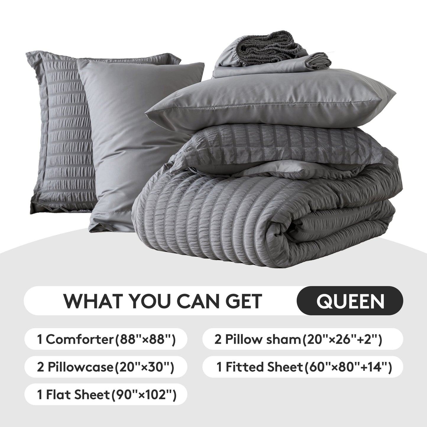 7 Piece Queen Comforter Set, Bed in a Bag with Sheets, Pillowcases & Shams, All Season Soft Bedding, Cozy and Lightweight, Machine Washable, Gray