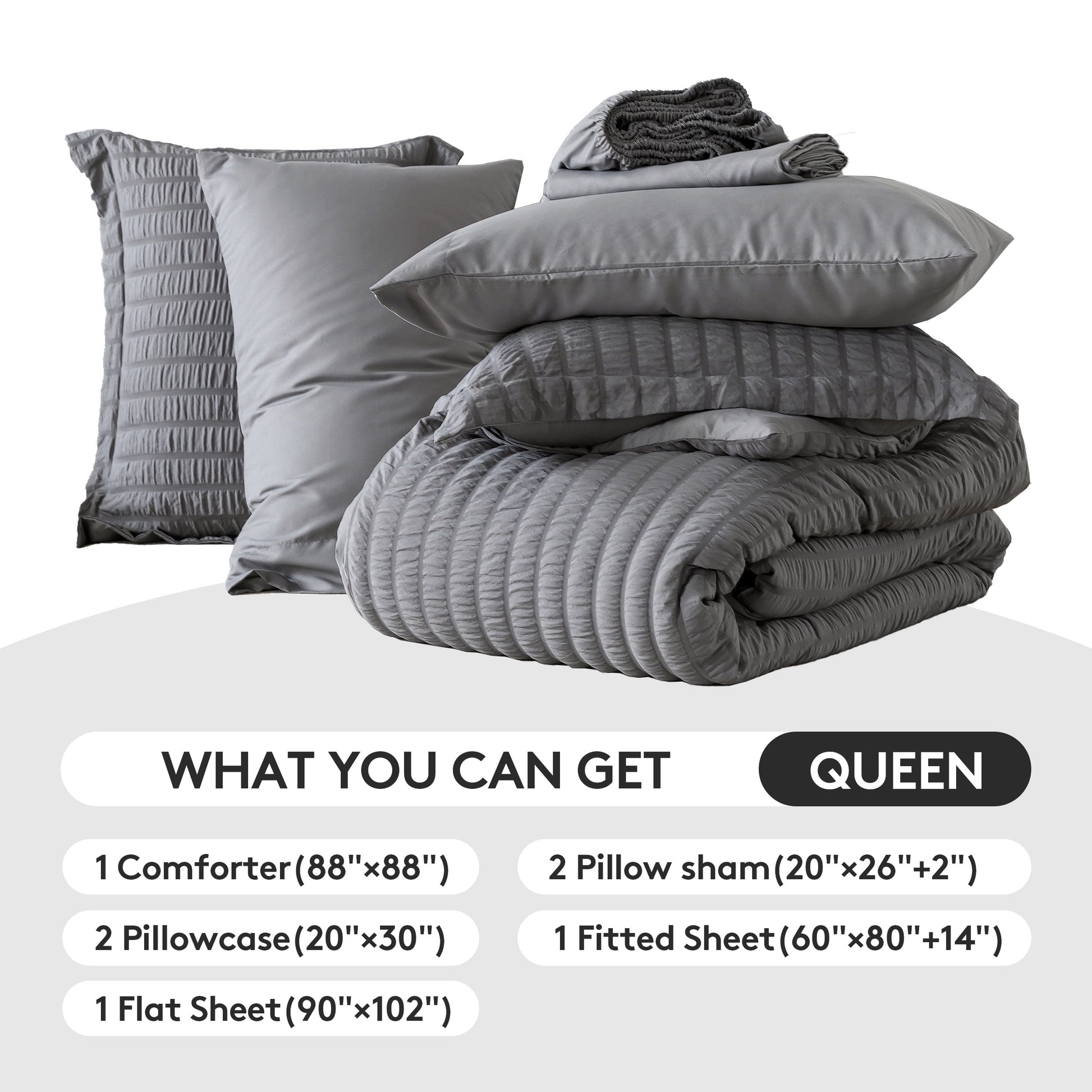 7 Piece Queen Comforter Set, Bed in a Bag with Sheets, Pillowcases & Shams, All Season Soft Bedding, Cozy and Lightweight, Machine Washable, Gray