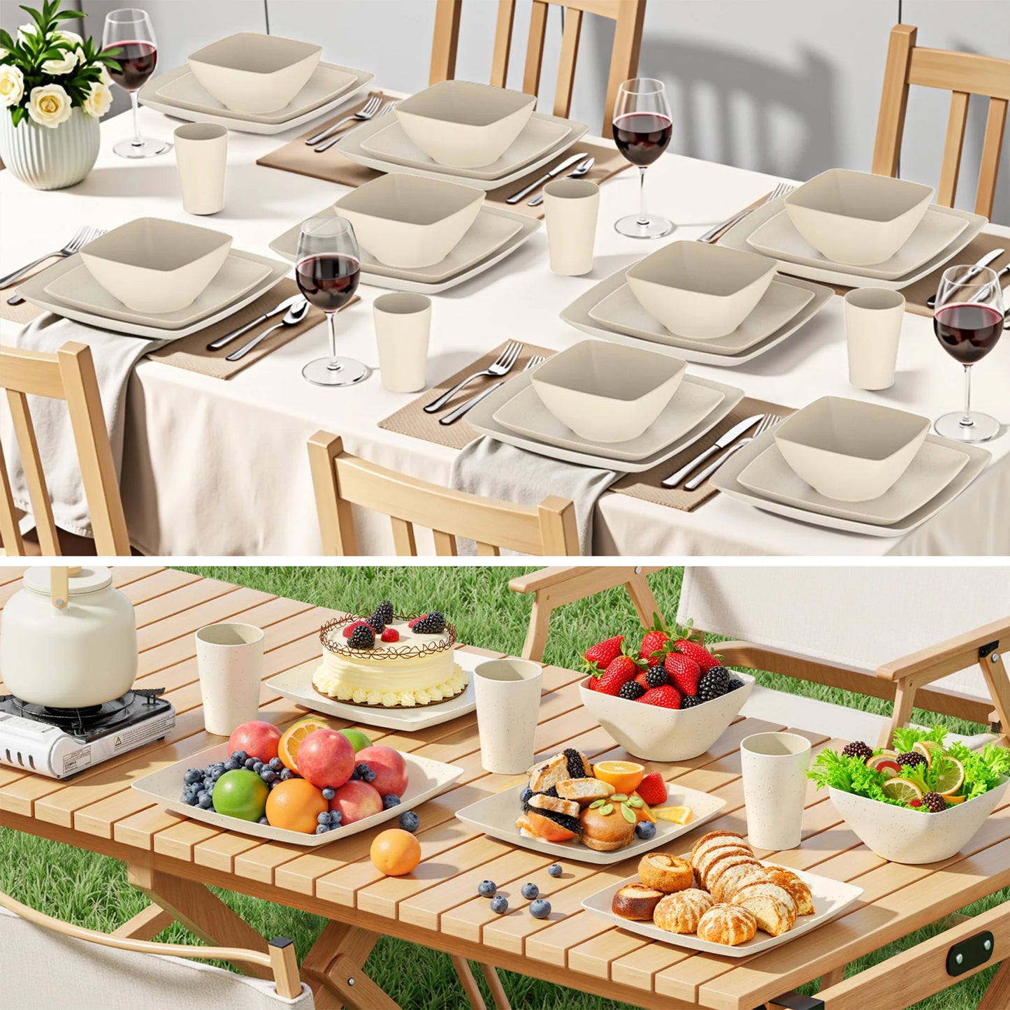 24 Pcs Wheat Straw Square Dinnerware Sets for 4, Unbreakable Dish Sets, Reusable Plates and Bowls Sets, Dinner Plates, Travel Camping Cutlery Set, Dishwasher Microwave Safe, Beige