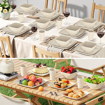 24 Pcs Wheat Straw Square Dinnerware Sets for 4, Unbreakable Dish Sets, Reusable Plates and Bowls Sets, Dinner Plates, Travel Camping Cutlery Set, Dishwasher Microwave Safe, Beige