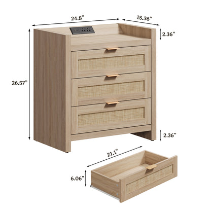 Boho Dresser & Nightstands Set – 7-Drawer Dresser & 3-Drawer Nightstand with Charing Rattan Bderoom Funiture Set with Massive Storage 3 Piece,Light Oak