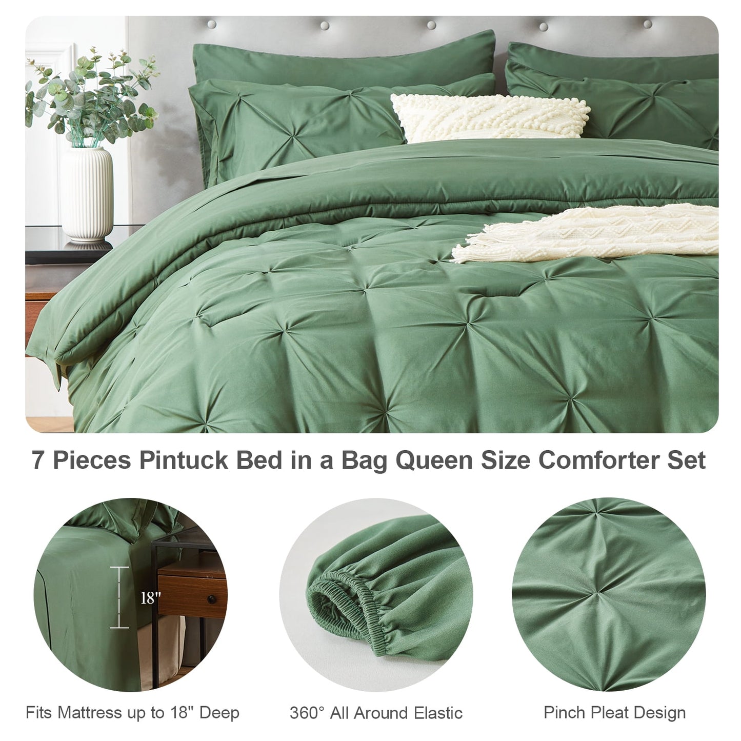 Queen Size Comforter Set,7 Pieces Dark Green Bedding Sets for All Season Bed in a Bag with Comforter ,Flat Sheet ,Fitted Sheet ,Pillowcases & Shams