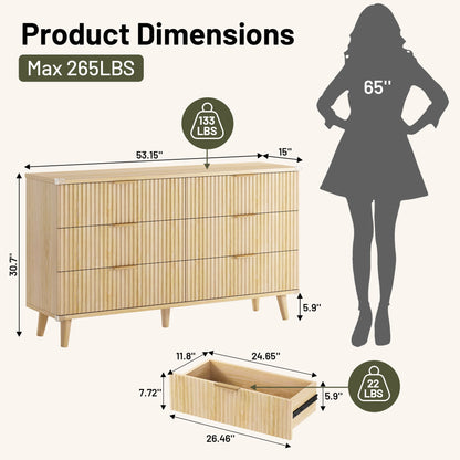 Bedroom Dresser and Nightstand 3 Piece Set - Includes Boho Double 6 Drawer Storage Dresser, Nightstand Set of 2 with Charging Station, Modern Bedroom Set, Natural
