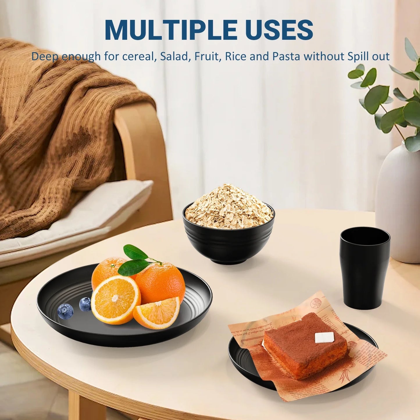 Wheat Straw Dinnerware Sets, Service for 8, 32 PCS Unbreakable Dinnerware,Microwave Dishwasher Safe - Black