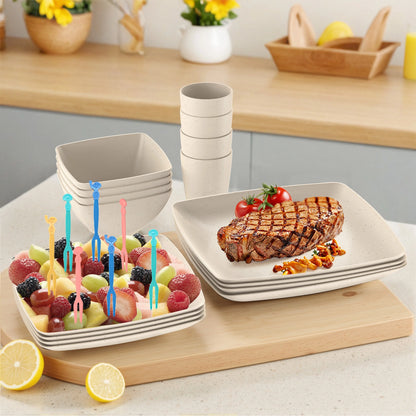 24 Pcs Wheat Straw Square Dinnerware Sets for 4, Unbreakable Dish Sets, Reusable Plates and Bowls Sets, Dinner Plates, Travel Camping Cutlery Set, Dishwasher Microwave Safe, Beige