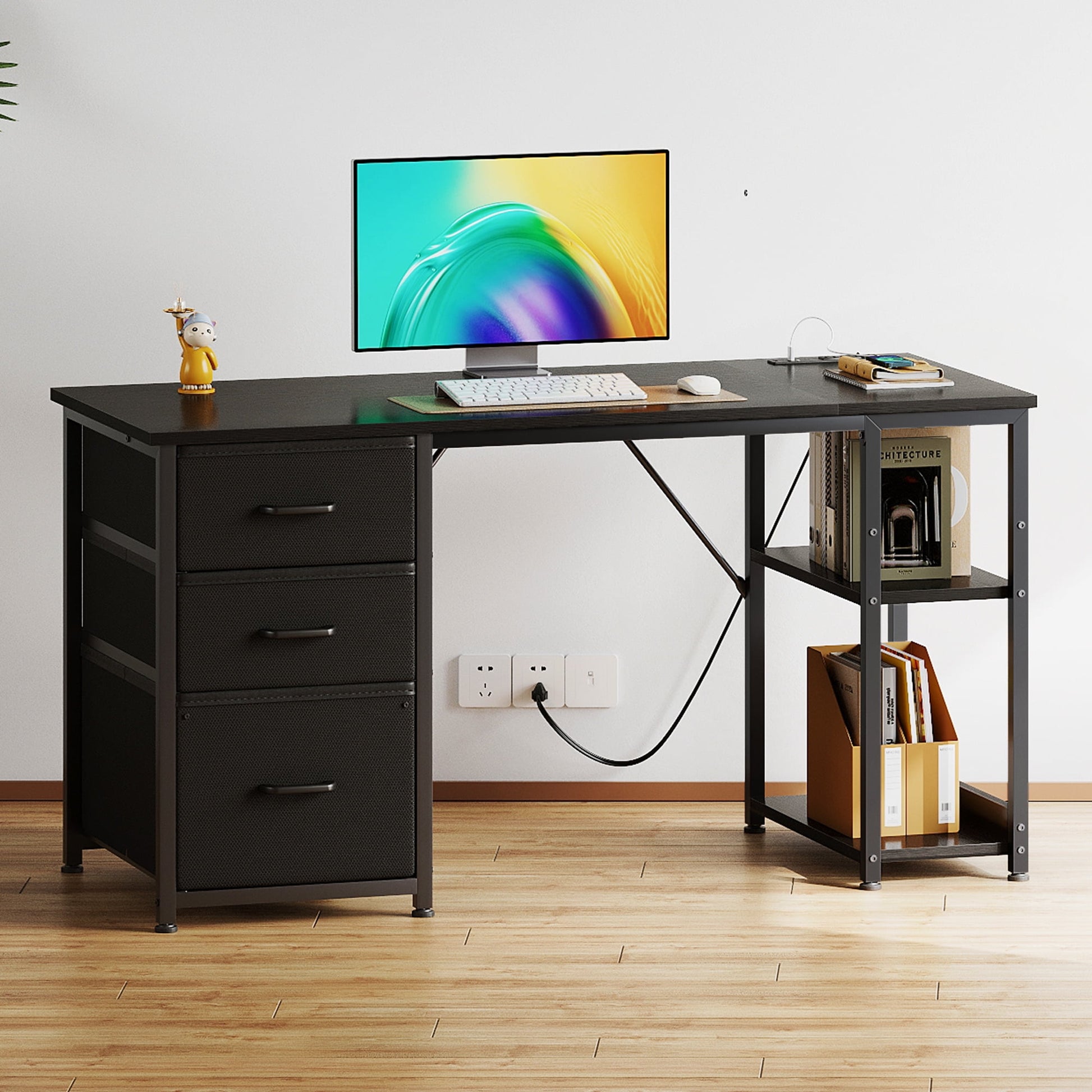 51 Inch Computer Desk with File Drawers & USB Power Outlets- Reversible Home Office Desk with Storage Shelves, Work from Home, Writing Table for Bedroom, Black