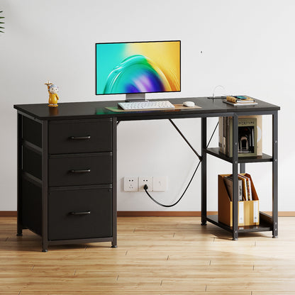 51 Inch Computer Desk with File Drawers & USB Power Outlets- Reversible Home Office Desk with Storage Shelves, Work from Home, Writing Table for Bedroom, Black