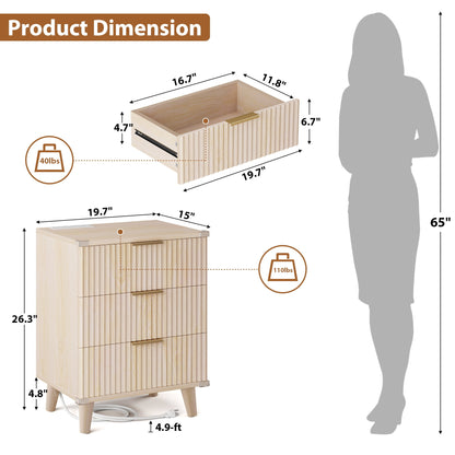 Bedroom Dresser and Nightstand 3 Piece Set - Includes Boho Double 6 Drawer Storage Dresser, Nightstand Set of 2 with Charging Station, Modern Bedroom Set, Natural