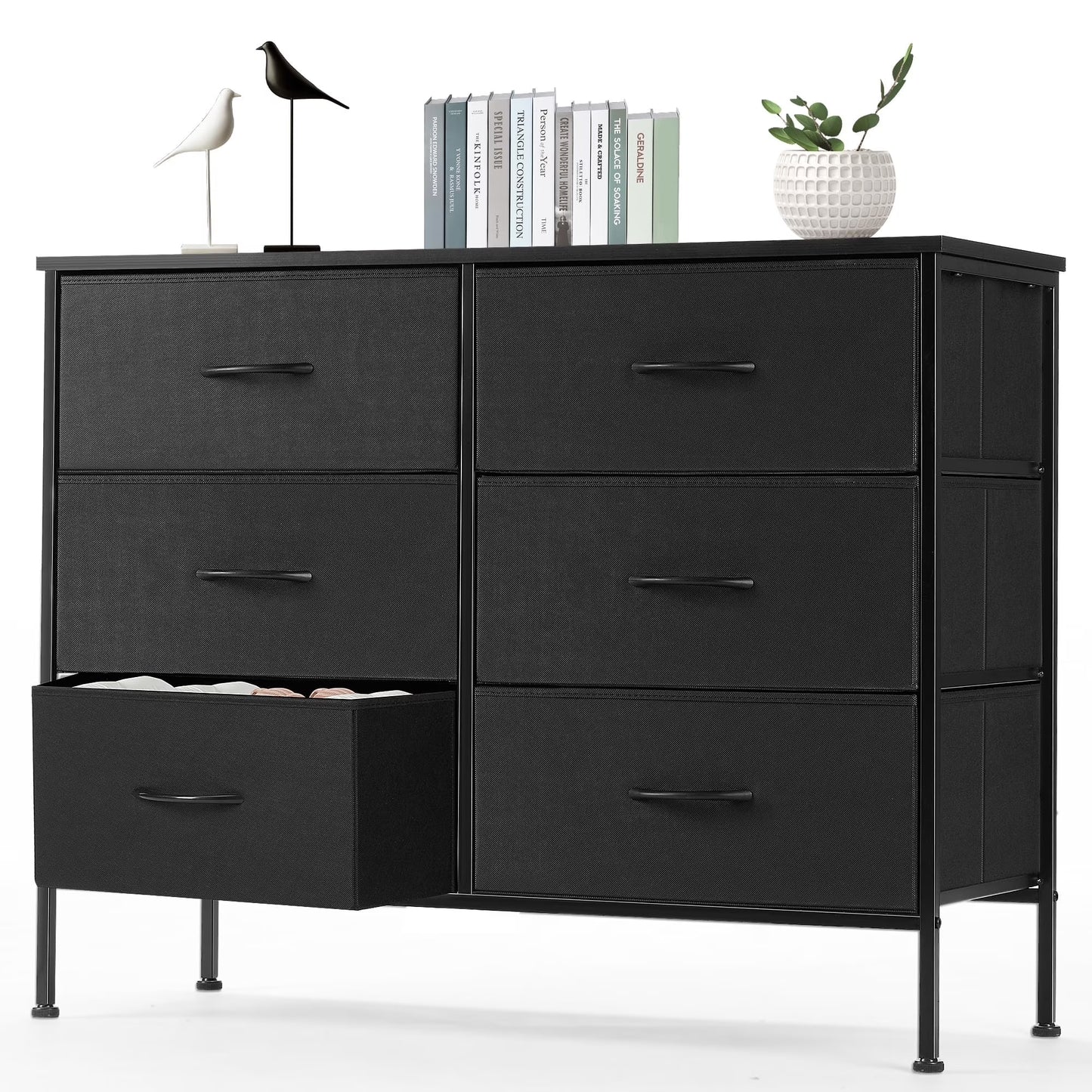 6 Drawer Fabric Dresser with Wood Top for Living Room, Bedroom, Hallway, Black