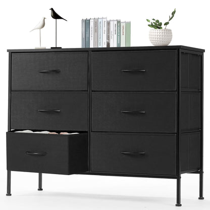6 Drawer Fabric Dresser with Wood Top for Living Room, Bedroom, Hallway, Black