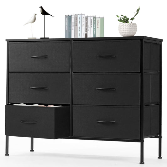 6 Drawer Fabric Dresser with Wood Top for Living Room, Bedroom, Hallway, Black