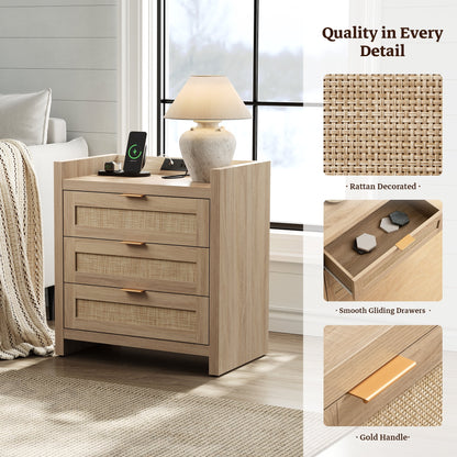 Boho Dresser & Nightstands Set – 7-Drawer Dresser & 3-Drawer Nightstand with Charing Rattan Bderoom Funiture Set with Massive Storage 3 Piece,Light Oak