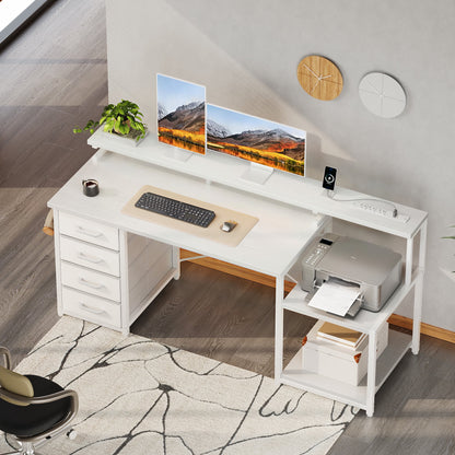 55 Inch Computer Desk with USB Ports and Power Outlets, Printer Shelf, 4 Drawers & Storage Shelf, Home Office Desks, White