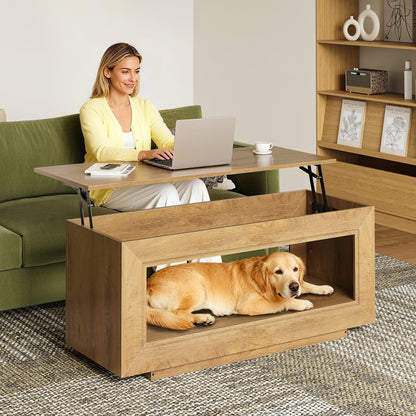 Lift Top Coffee Table with Storage, Wooden Convertible Coffee Table for Living Room, Center Table, Natural Wood